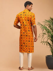 Vastramay Men's Yellow And Cream Cotton Blend Kurta Pyjama Set