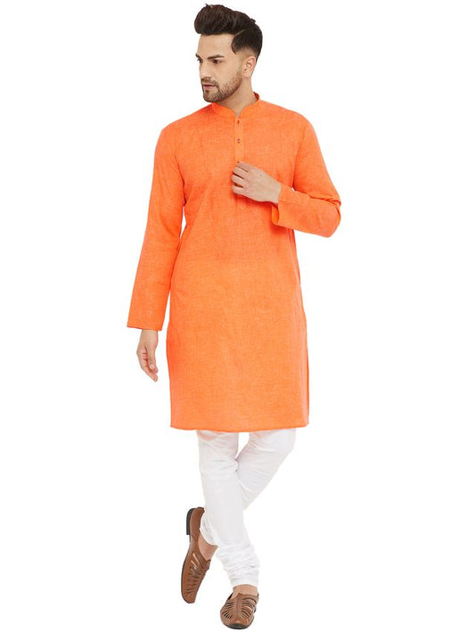 VM by Vastramay Men's Orange And White Cotton Blend Kurta Pyjama Set