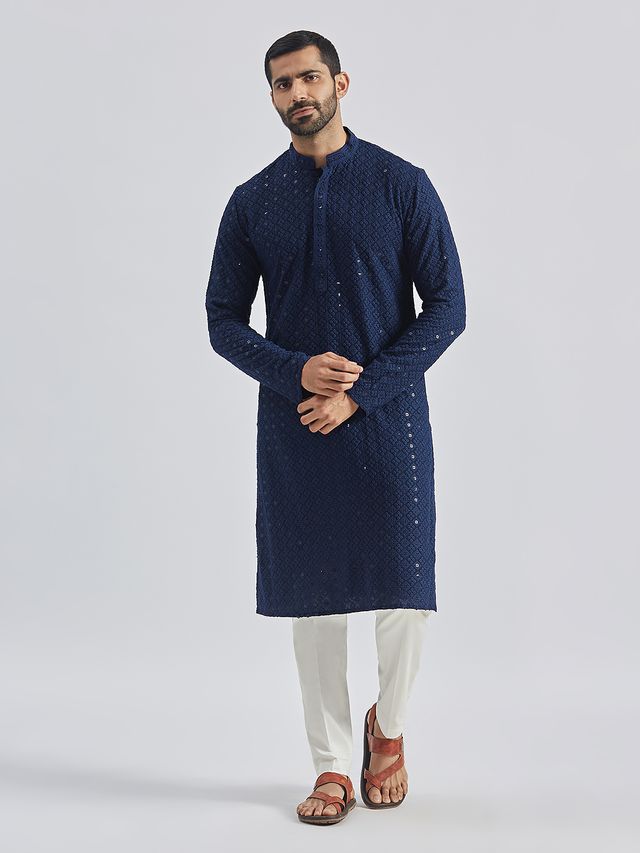 VASTRAMAY Men's Navy Blue And White Rayon Cotton Kurta Pyjama Set