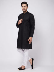 Vastramay Men's Black And White Cotton Linen Kurta Pyjama Set