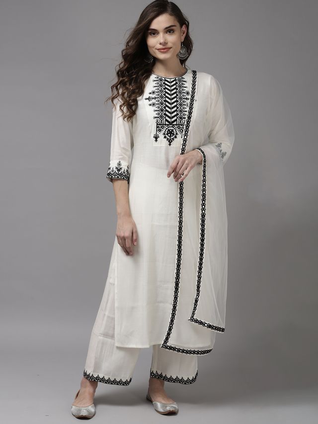 Indo Era White Embroidered Straight Kurta With Palazzo With Dupatta Set