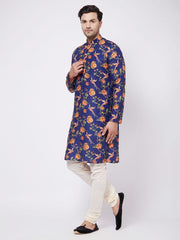 Vastramay Men's Multicolor-Base-Navy Blue And Cream Muslin Kurta Pyjama Set