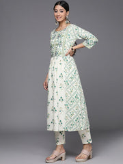 Indo Era Off White Printed A-Line Kurta Trousers With Dupatta Set