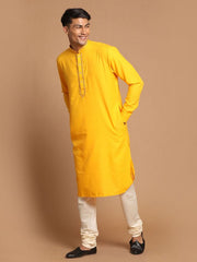 Vastramay Men's Yellow And Cream Cotton Blend Kurta Pyjama Set