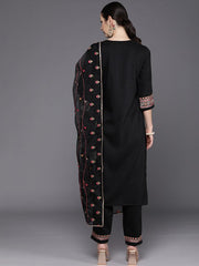 Indo Era Black Embroidered Straight Kurta Trousers With Dupatta Set