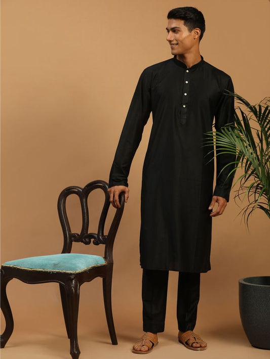 Shrestha By Vastramay Men's Black Viscose Kurta Pyjama Set