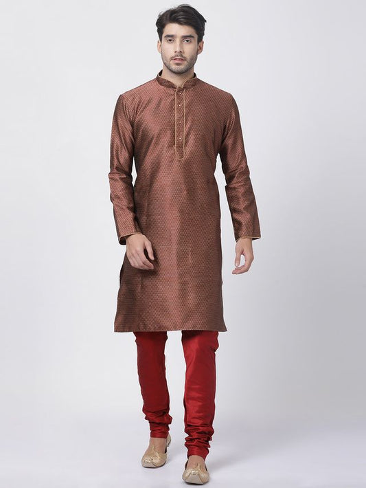 Vastramay Men's Maroon Silk Blend Kurta Pyjama Set