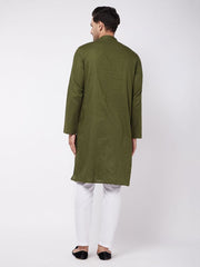 Vastramay Men's Green And White Cotton Linen Kurta Pyjama Set