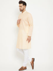 VM by Vastramay Men's Cream And White Cotton Blend Kurta Pyjama Set