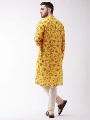 Vastramay Men's Floral Printed Multicolor-Base-Yellow Silk Blend Kurta And Pyjama Set