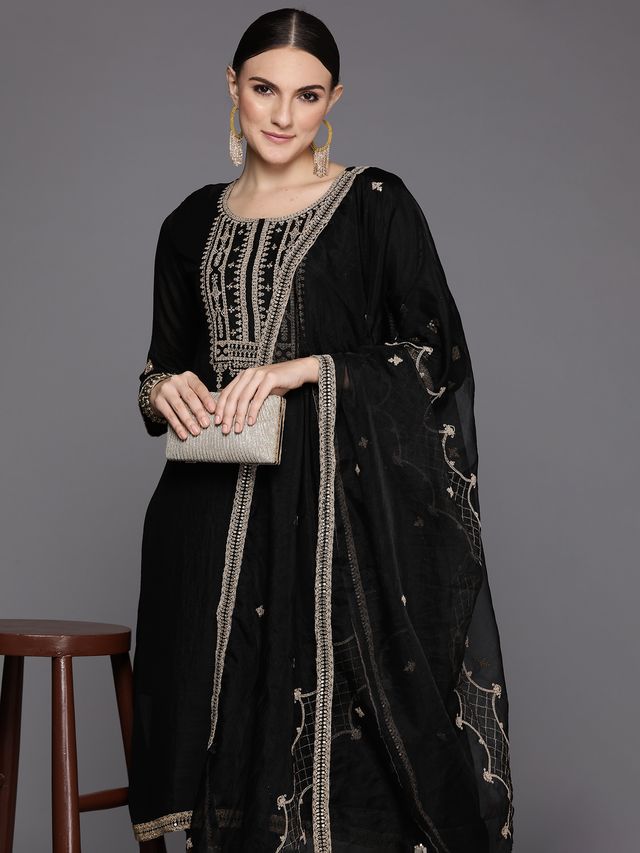 Indo Era Black Embroidered Straight Kurta Trousers With Dupatta Set