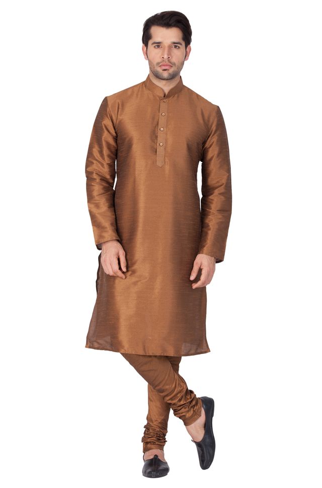 VM by Vastramay Men's Brown Silk Blend Kurta Pyjama Set