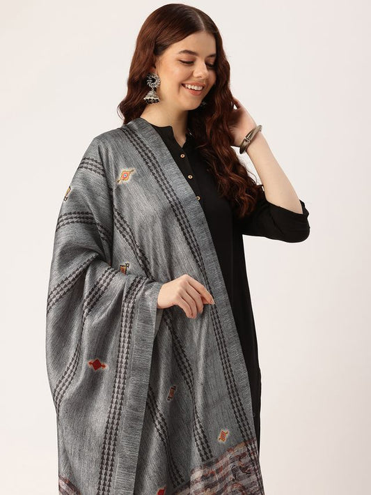 Sangam Prints Grey Art Silk Printed Traditional Tassel Dupatta