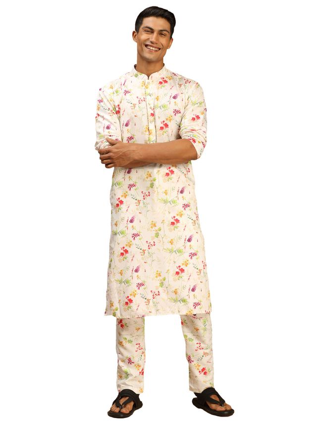 Vastramay Men's Cream Cotton Blend Kurta Pyjama Set