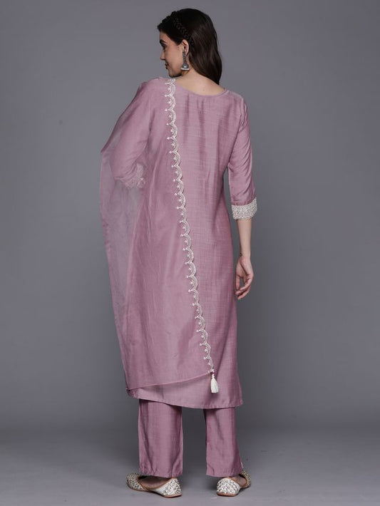 Indo Era Lavender Embroidered Straight  Kurta Trousers With Dupatta Set