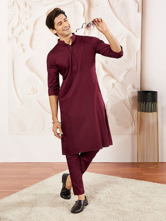 VASTRAMAY Men's Wine Cotton Blend Kurta Pyjama Set