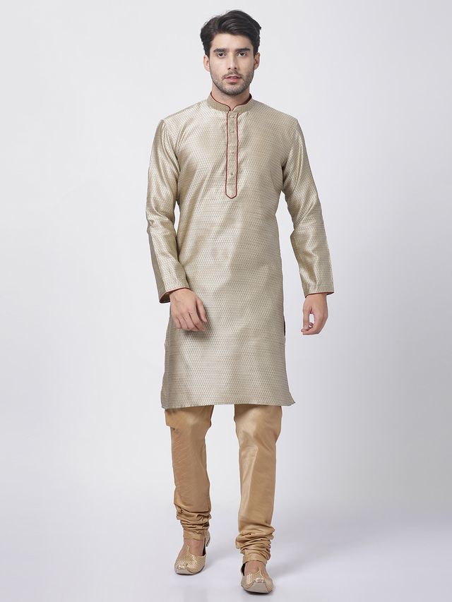 Vastramay Men's Beige Silk Blend Kurta Pyjama Set