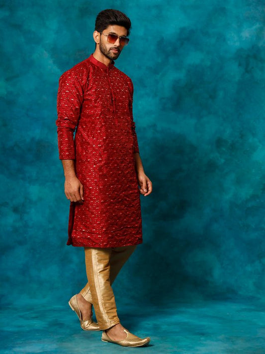 VM Men's Maroon Silk Blend Kurta Pyjama Set