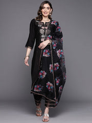 Indo Era Black Embroidered Straight Kurta Trousers With Dupatta Set