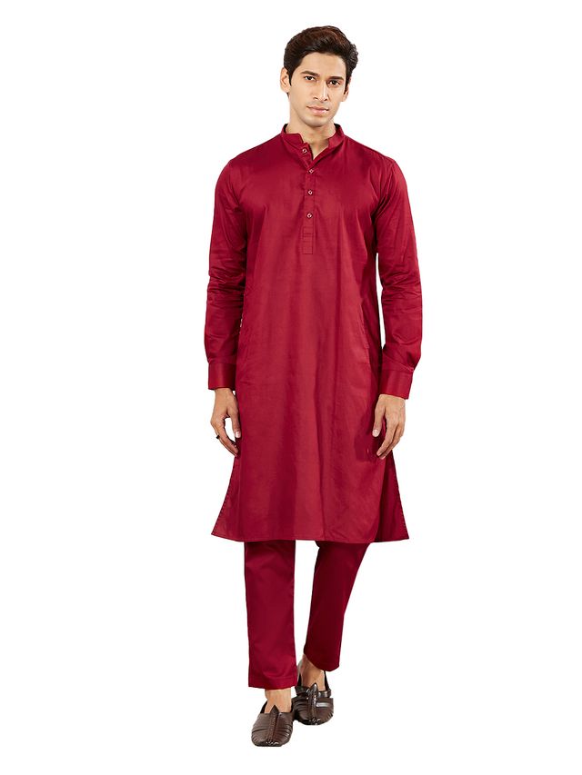 VASTRAMAY Men's Maroon Cotton Blend Kurta Pyjama Set