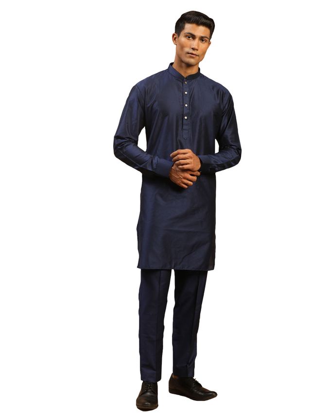 Vastramay Men's Navy Blue Viscose Kurta Pyjama Set