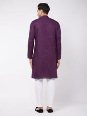 Vastramay Men's Purple And White Cotton Linen Kurta Pyjama Set