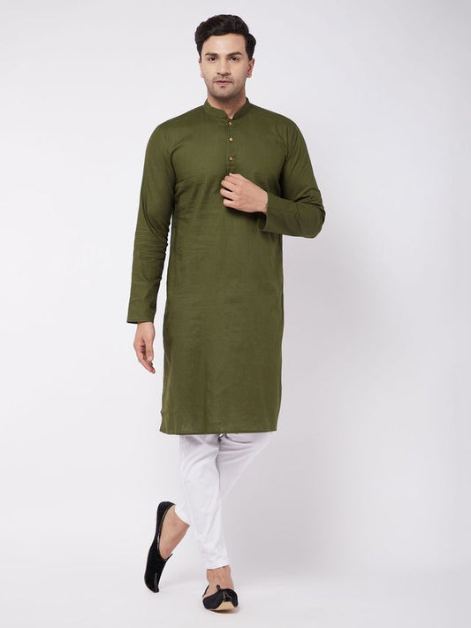 Vastramay Men's Green And White Cotton Linen Kurta Pyjama Set