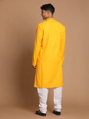 Vastramay Men's Yellow And White Cotton Blend Kurta Pyjama Set