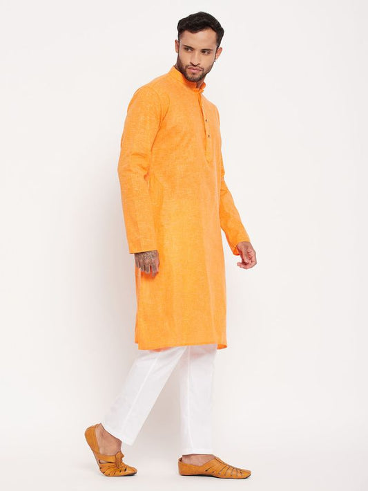 VM Men's Orange And White Cotton Kurta Pyjama Set