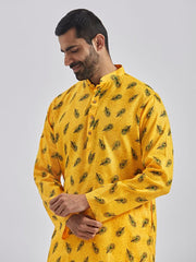 VASTRAMAY Men's Yellow Muslin Cotton Kurta Pyjama Set