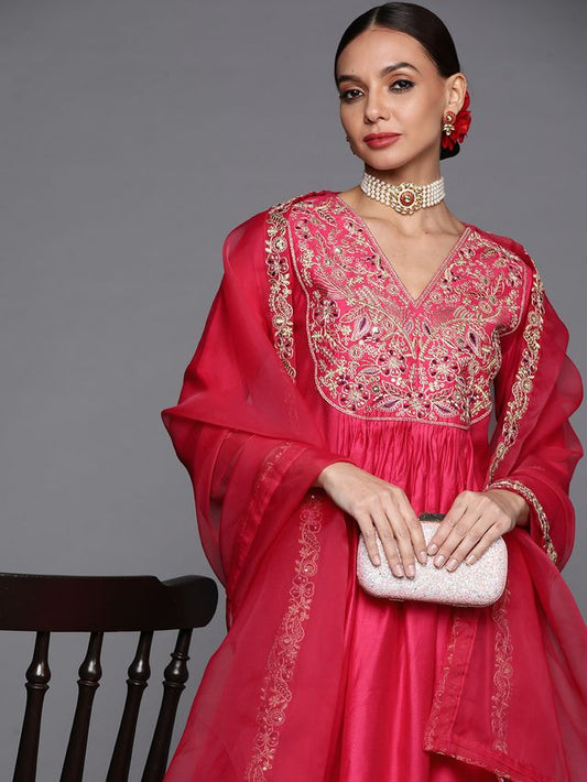 Indo Era Rani Pink Embroidered A-line Kurta Palazzo With Dupatta Set