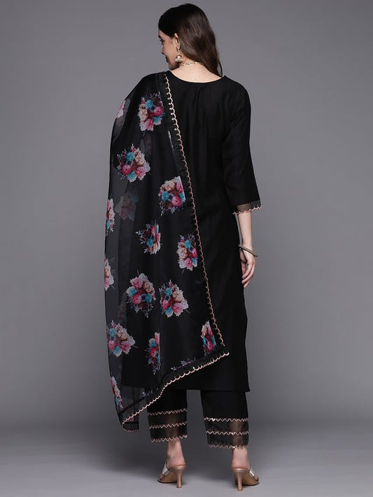 Indo Era Black Embroidered Straight Kurta Trousers With Dupatta Set