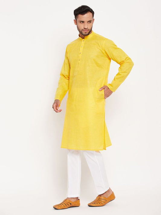 VM Men's Yellow And White Cotton Kurta Pyjama Set