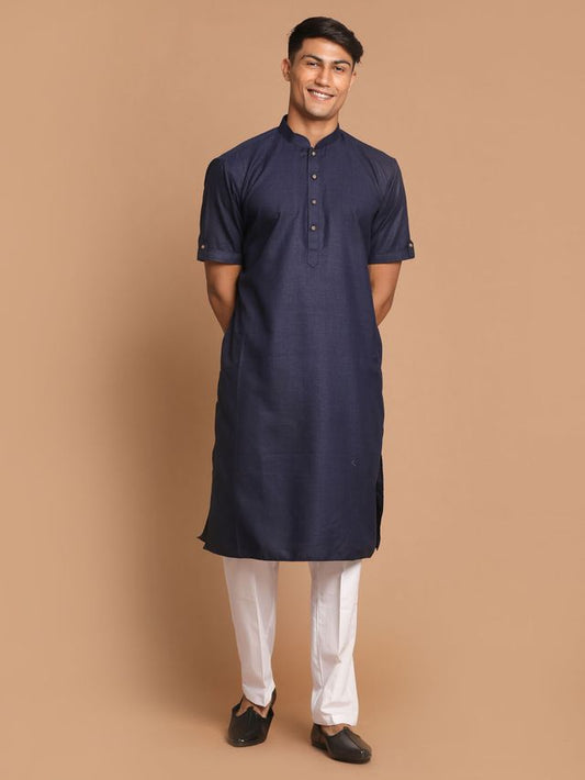 VM by Vastramay Men's Navy Blue And White Cotton Blend Kurta Pyjama Set