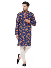 Vastramay Men's Multicolor-Base-Navy Blue And Cream Muslin Kurta Pyjama Set