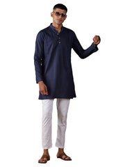 VASTRAMAY Men's Navy Blue And White Cotton Blend Kurta Pyjama Set