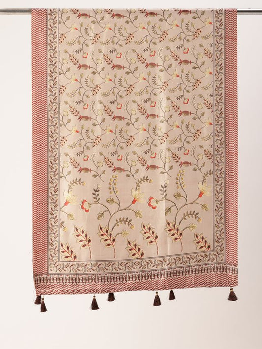 Sangam Prints Cream Art Silk Printed Traditional Tassel Dupatta