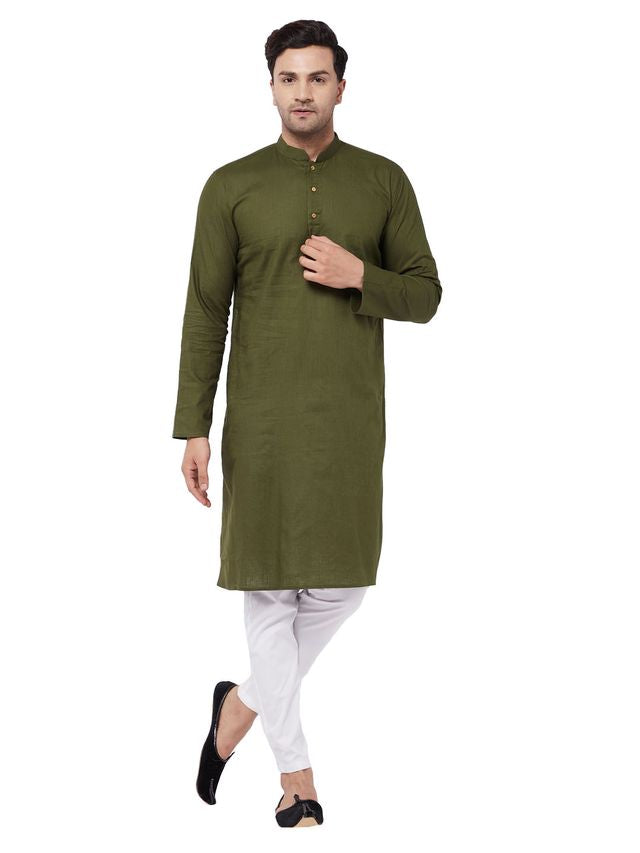 Vastramay Men's Green And White Cotton Linen Kurta Pyjama Set