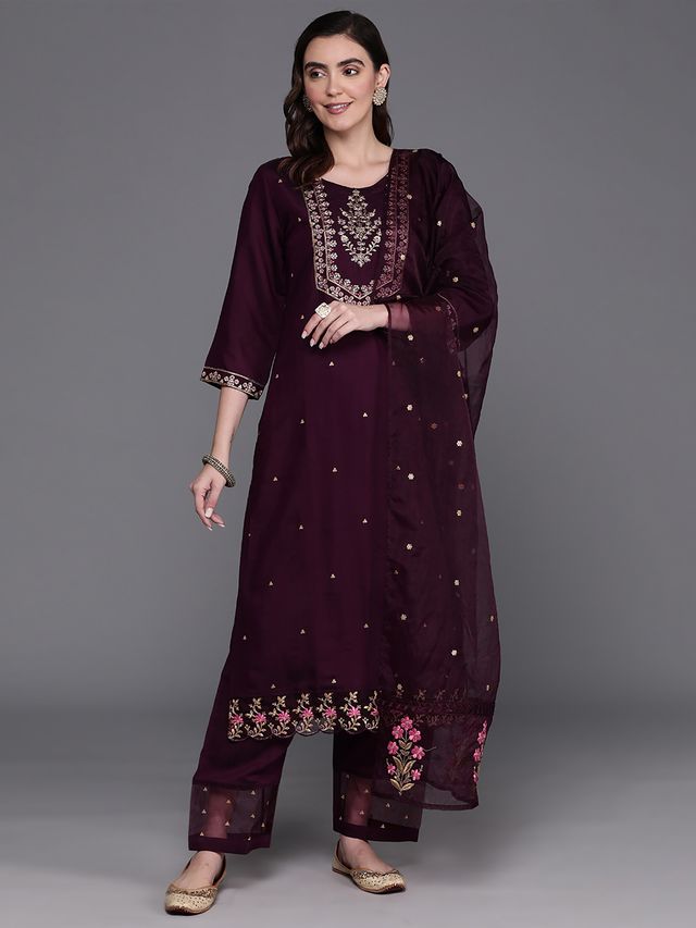 Indo Era Burgundy Embroidered Straight Kurta Trousers With Dupatta Set