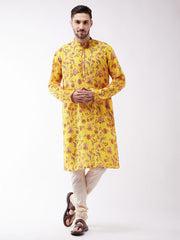 Vastramay Men's Floral Printed Multicolor-Base-Yellow Silk Blend Kurta And Pyjama Set