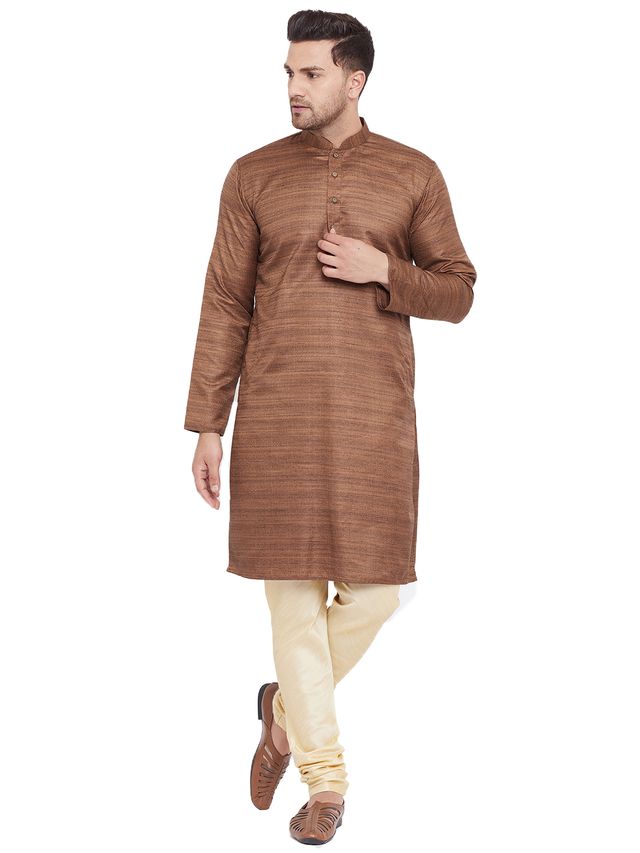 VM by Vastramay Men's Coffee Brown And Gold Silk Blend Kurta Pyjama Set