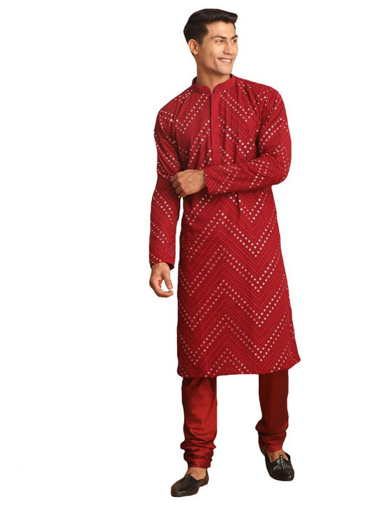 Shrestha By Vastramay Men's Maroon Georgette Kurta Pyjama Set