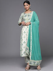 Indo Era Off White Printed A-Line Kurta Trousers With Dupatta Set