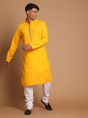 Vastramay Men's Yellow And White Cotton Blend Kurta Pyjama Set