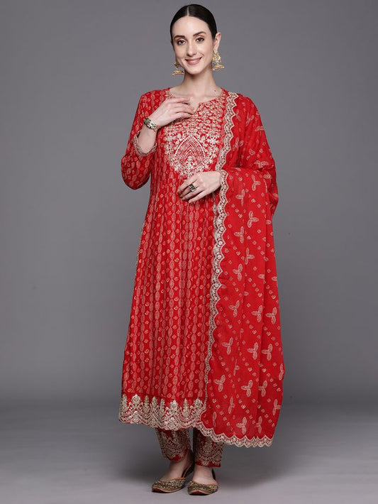 Indo Era Red Printed Straight Kurta Trousers With Dupatta Set