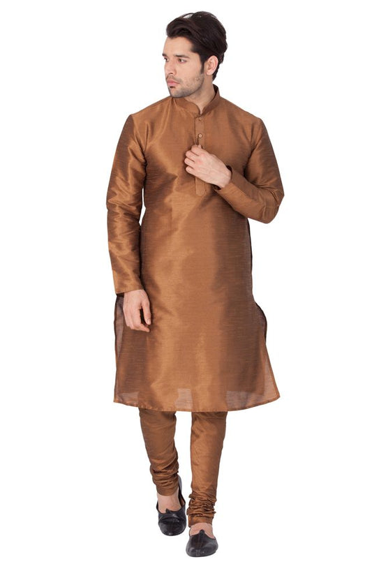 VM by Vastramay Men's Brown Silk Blend Kurta Pyjama Set