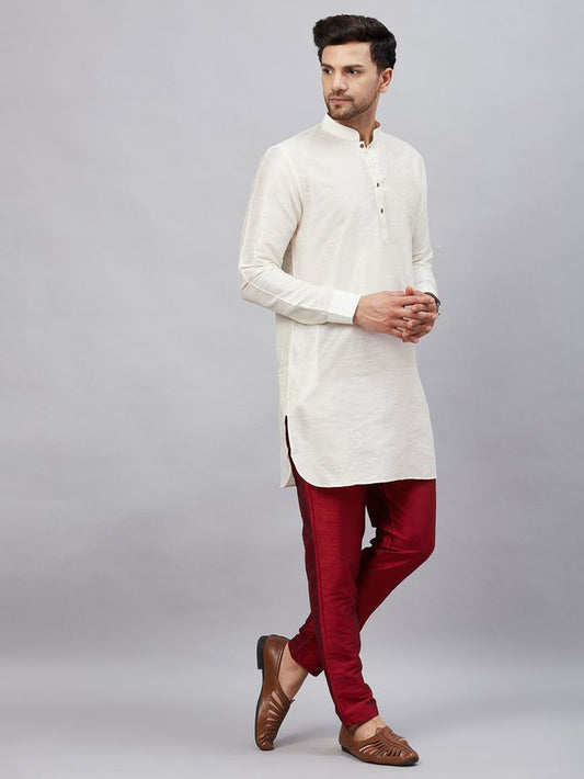 VM Men's Cream And Maroon Cotton Blend Kurta Pyjama Set