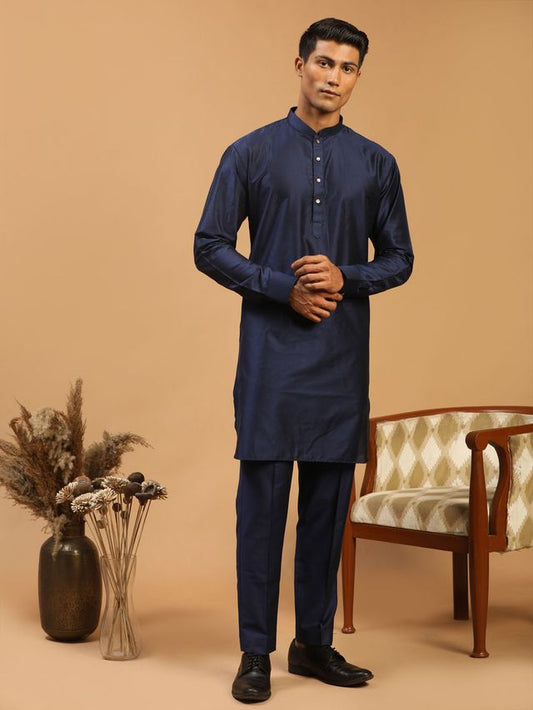 Vastramay Men's Navy Blue Viscose Kurta Pyjama Set