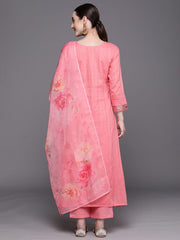 Indo Era Pink Embroidered A-Line Kurta Trousers With Dupatta Set