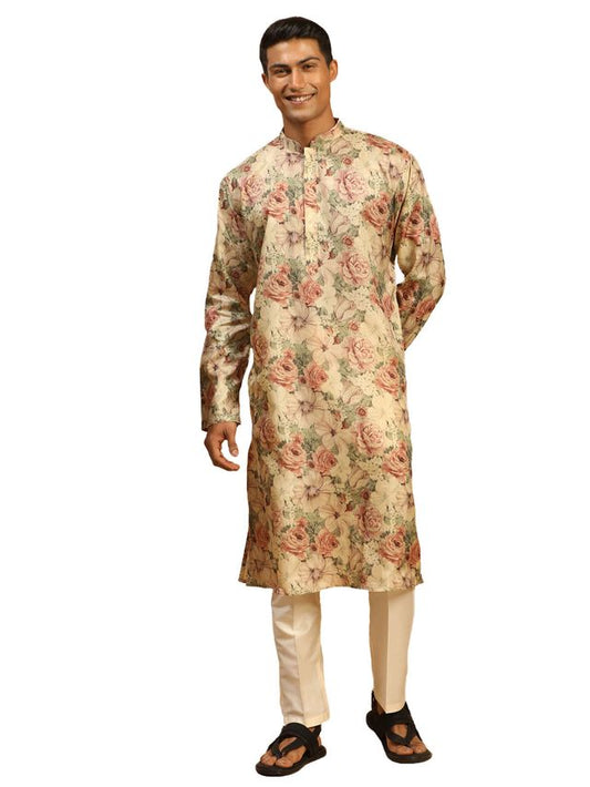 Vastramay Men's Cream And Brown Silk Blend Kurta Pyjama Set